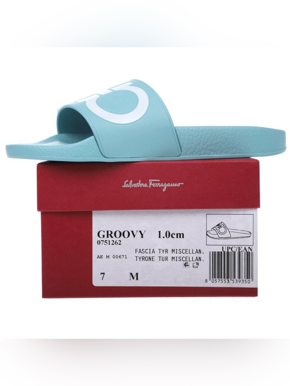 NEW SALVATORE FERRAGAMO MINT WHITE GROOVY LOGO RUBBER SLIDES POOL SHOES 7 M